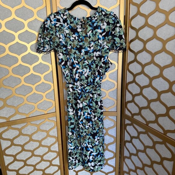 Badgley Mischka Size 22 Blue Green Floral Lace Trim Sleeve Collared Sheath Dress - Picture 8 of 16